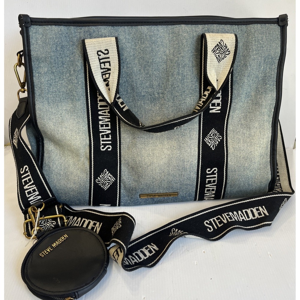 Steve Madden BWebber-D Denim Satchel Tote Crossbody Bag w/ Strap & Coin Pouch